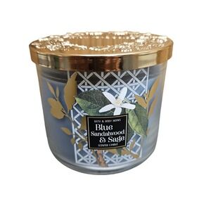 Bath & Body Works Blue Sandalwood & Sage 3 Wick Scented Candle 14.5oz Jar Blue‎